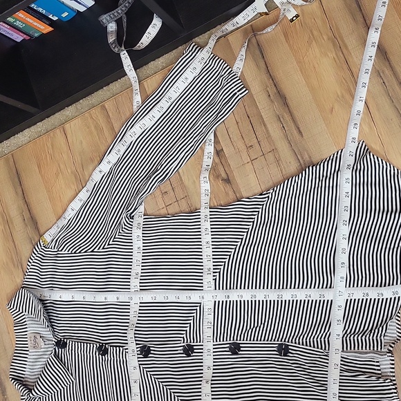 COMO VINTAGE Black White Stripe Lagenlook Roll-Tab Button Down Blouse - Picture 12 of 13